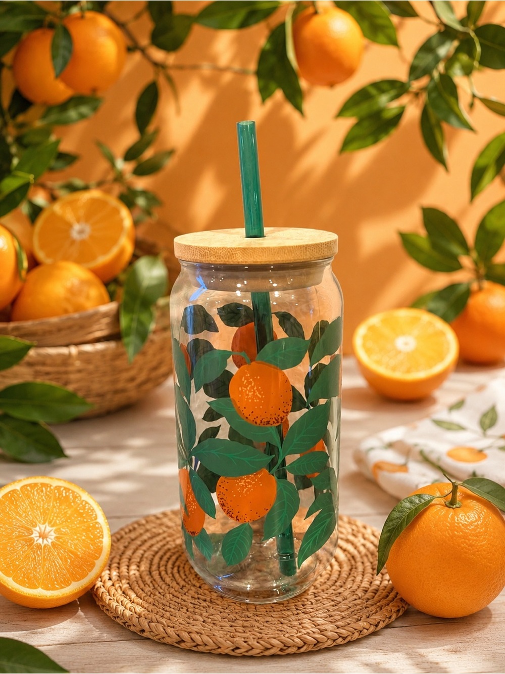 Orange Citrus Tumbler Acrylic Can Shape 20oz w/ Bamboo Lid & Straw NEW